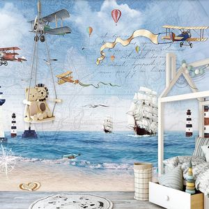 Papier peint Mural personnalisé 3D, dessin animé avion voilier mer, peinture murale de fond de chambre d'enfants, décoration murale moderne et créative