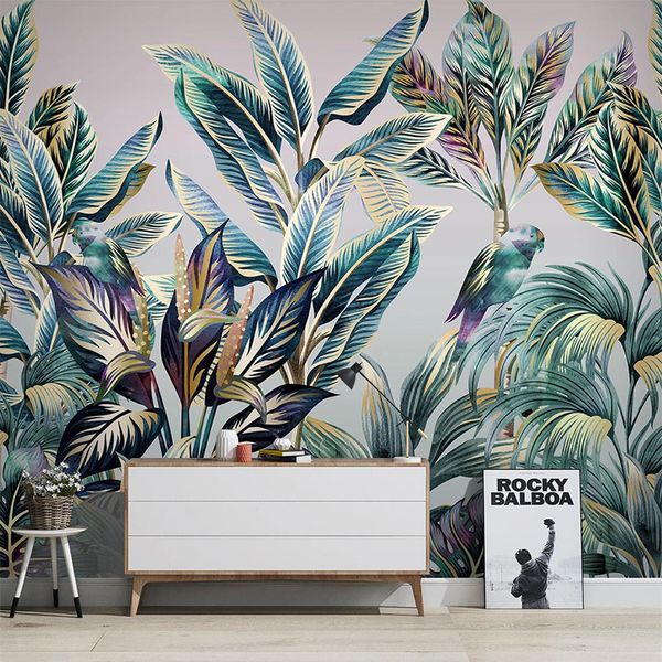 Papier Peint Mural Personnalisé 3D Peint À La Main Forêt Animal Oiseau Plante Tropicale Noix De Coco Peinture Murale Salon Chambre Fresques