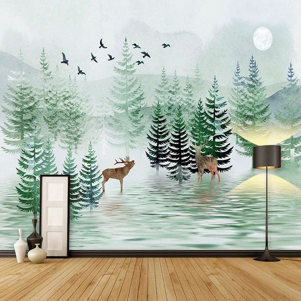 Papier peint Mural personnalisé 3D peint à la main forêt paysage cerf Photo papier peint salon TV canapé chambre fond mur fresque