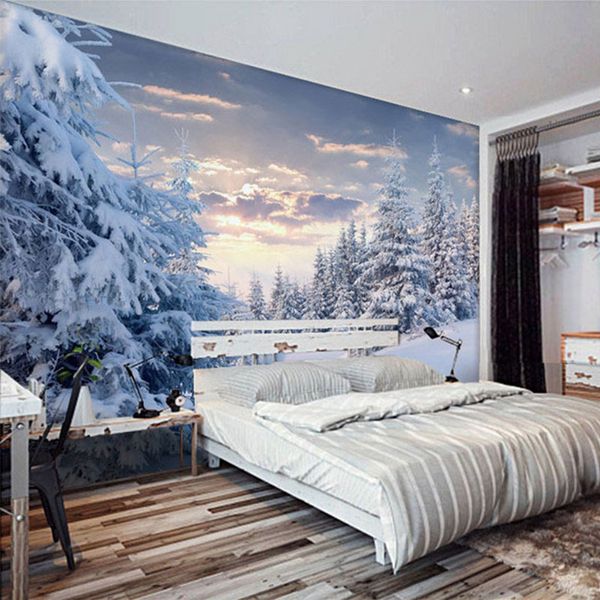 Papel tapiz De Mural personalizado 3D con vista a la montaña y nieve, foto De paisaje De bosque blanco, pintura para pared, sala De estar, restaurante, Papel De pared 3 D
