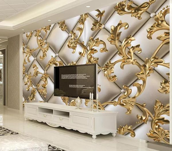 Papel tapiz Mural personalizado 3D paquete suave patrón dorado estilo europeo sala de estar TV Fondo papeles tapiz decoración del hogar Flower3040911