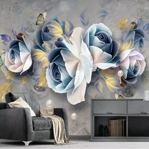 Aangepaste Mural Behang 3D Stereo Reliëf Rose Bloemen Muurschilderingen Europese Retro Woonkamer TV Achtergrond Wanddecoratie Painting293H