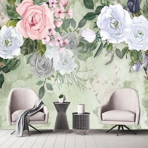 Papier peint Mural personnalisé 3D Vintage, fleurs de roses peintes à la main, peinture murale Photo, salon chambre à coucher, fresques de décoration romantique pour la maison