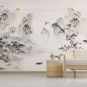 Aangepaste muurschildering behang Chinese stijl abstracte inkt landschap bamboe muur schilderij woonkamer achtergrond muur papel de parede 3 D