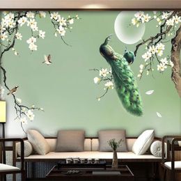 Papel tapiz de Mural personalizado estilo chino pintado a mano Magnolia verde pavo real flores pájaros Po papel de pared sala de estar TV 3D Fresco303l