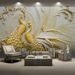 Aangepaste muurschildering behang voor muren 3d stereoscopische reliëf gouden pauw achtergrond muurschildering woonkamer slaapkamer interieur