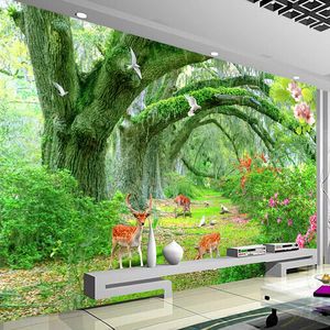 Papier peint Mural personnalisé arbre vert forêt cerf papiers peints décor à la maison moderne salon chambre 3D Photo peinture