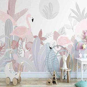 Papier peint Mural personnalisé nordique Ins peint à la main plante abstraite flamant rose peinture murale salon chambre intérieur fond mur