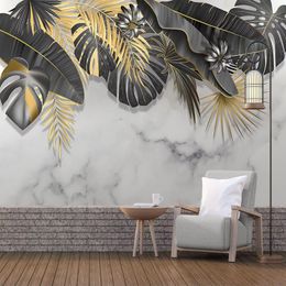 Papier peint Mural personnalisé plante tropicale feuille marbre blanc 3D Photo papier peint pour salon chambre TV fond décor Art Mural