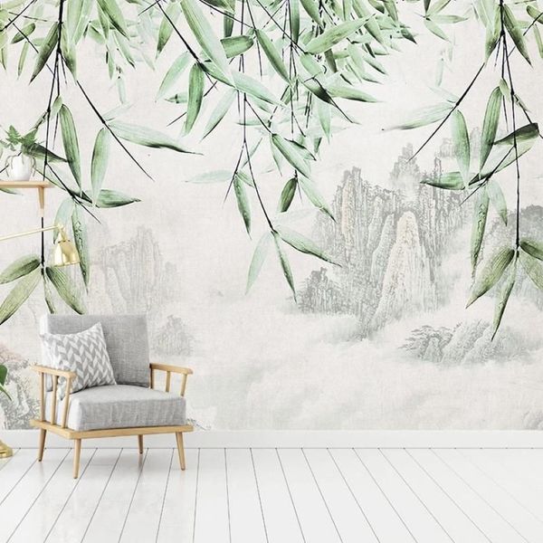 Papier peint Mural personnalisé, nouveau Style chinois, encre, eau de montagne, bambou, étude, salon, chambre à coucher, peinture murale de fond, 12231