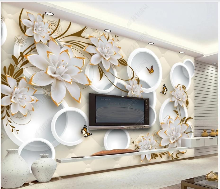 Fonds d'écran de peintures murales personnalisées 3D Papier peint de fleur en relief moderne Cercle de fleur Soft Package mural TV Fond Mural Papiers Home Décoration