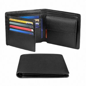 Nombre personalizado 100% Genuine Leather RFID Bloqueo de billeteras de hombres trifolios delgados con bolsillo de monedas y ventana de identificación Minimalista billetera para hombres l63u#