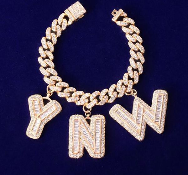 Nom personnalisé Baguette lettres Bracelet/cheville 10 MM chaîne cubaine pendentifs colliers 7 pouces 8 pouces 9 pouces hommes Zircon bijoux