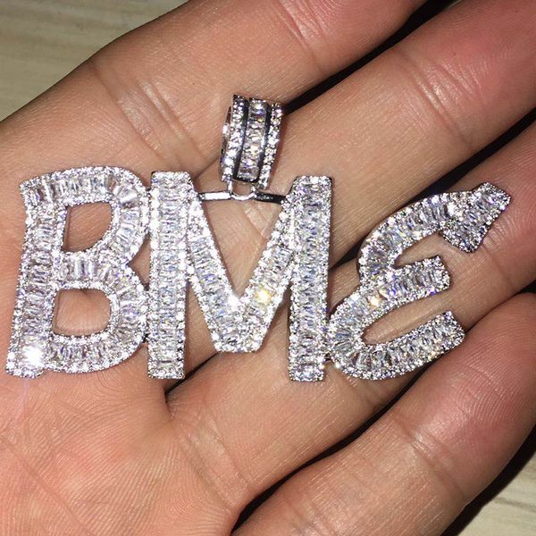 Nombre personalizado Baguette letras Hip Hop colgante con cadena de cuerda gratis oro plata Bling Zirconia hombres joyería