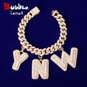 Letras Baguette con nombre personalizado con pulsera de cadena cubana de 10MM, joyería de Hip Hop Rock de circón para hombre, letra reemplazable 200928246E