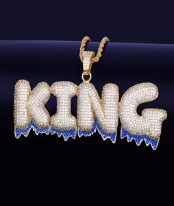 Nom personnalisé Les lettres de bulles de goutte bleue pendentifs Men039s Colliers Zircon Hip Hop Bijoux avec chaîne de corde en argent doré pour don4722986