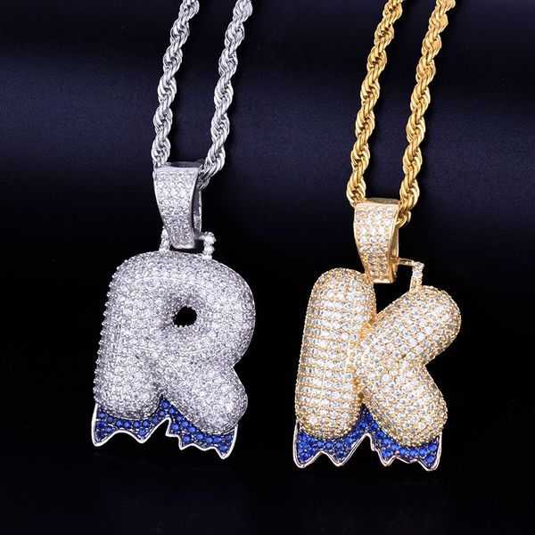 Nom personnalisé Hommes Bleu Dripping Bubble Lettres Colliers Pendentif Lettre Unique Or Argent Couleur Glace Cubique Zircon Hip Hop Bijoux