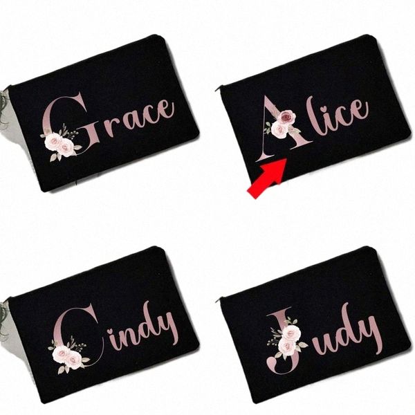 Nom personnalisé Sacs de maquillage de demoiselle d'honneur Floral Alphabet Print Cosmétique Case Bridal Party Make Up Pouch Lady Tote Purse Cadeaux de mariage 03q4 #