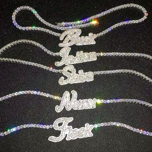 Collar con letras cursivas con nombre personalizado para mujer, cadena de tenis, colgante Micro pavé, parte trasera sólida, joyería de Hip Hop Rock