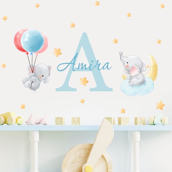 Nom personnalisé mignon éléphant ballon à Air étoiles Stickers muraux aquarelle pépinière vinyle Stickers muraux pour enfants filles garçons chambre décor