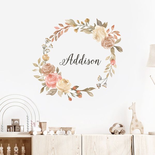 Nombre personalizado Floral corona rosas follaje acuarela pared pegatina vinilo guardería extraíble pared calcomanías niños dormitorio decoración del hogar