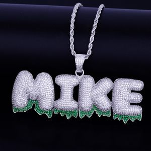 Collier avec nom personnalisé pour hommes, pendentifs goutte à goutte vert avec lettres à bulles, Zircon glacé avec chaîne de corde en argent doré 24 pouces pour cadeau