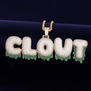 Aangepaste naam heren groene druppel bubble letters hangers kettingen ijs uit kubieke zirkoon met goud zilver 4mm tennis ketting voor geschenk