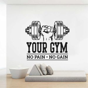 Aangepaste naam Gym Bodybuilding No Pain No Gain Muursticker Workout Fitness Crossfit Inspirerend Citaat Muurtattoo Versieren 210615237U