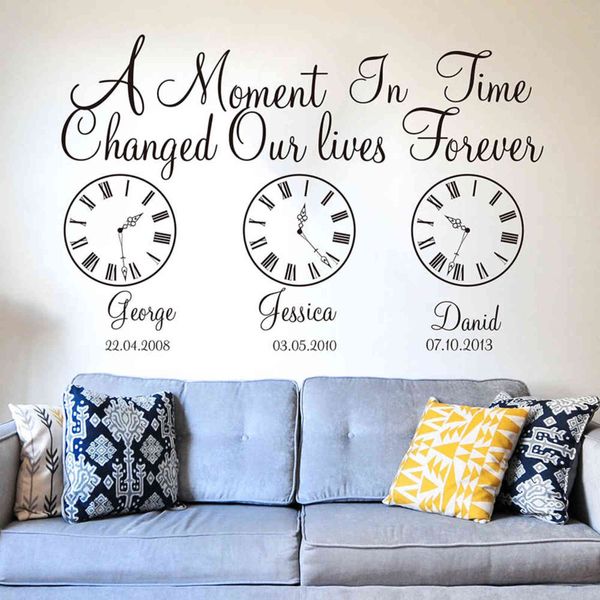 Nom personnalisé Enfants Date de naissance Sticker mural Chambre d'enfant Chambre Un moment dans le temps a changé nos vies Horloge Sticker mural Vinyle Nursery Art 211112