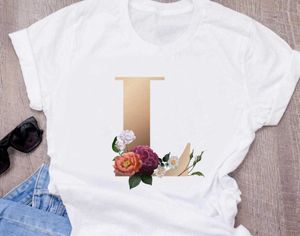 Aangepaste naam lettercombinatie vrouwen hoge kwaliteit afdrukken T-shirt bloemletter lettertype a b c d e f g korte mouw kleding x0628