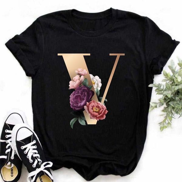 T-shirt personnalisé avec combinaison de lettres et de noms pour femmes, T-shirt imprimé de haute qualité, fleur A B C D E F G