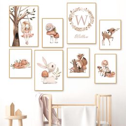 Nom personnalisé champignon cerf écureuil Art toile peinture nordique affiches et impressions mur photos fille chambre décor 220614