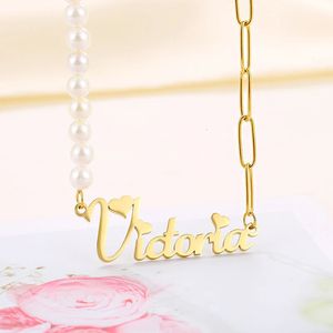 Aangepaste naam ketting voor vrouwen mode goud roestvrij staal gepersonaliseerde vierkante ketting parel hanger naamplaatje sieraden 231221
