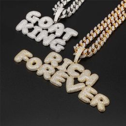 Collier Hip Hop personnalisé avec nom, pendentif avec bulles CZ personnelles, collier de rue Rock pour hommes avec corde 190t