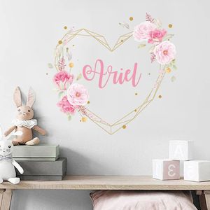 Aangepaste naam pioen bloemen meisje kinderkamer muurstickers schil en plak vinyl muurstickers baby kinderkamer interieur home decor geschenken 240106