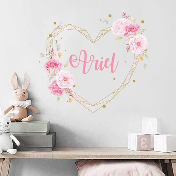 Nom personnalisé pivoine fleurs fille pépinière Stickers muraux peler et coller vinyle décalcomanies bébé enfants chambre intérieur décor à la maison cadeaux 220607