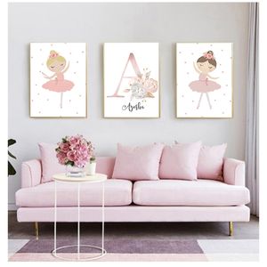 Nombre personalizado Poster Bunny Print Nursery Wall Art Pink Flower Pictures Nordic Baby Room Decoración Lienzo Pintura Chicas 220623