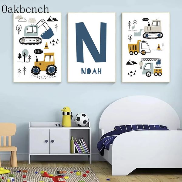 Nom personnalisé Affiche Excavatrice Affiches Nursery Crane Art Peinture Tracteur Impression Nordic Wall Boys Room Decoration 240426