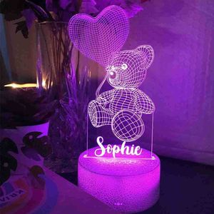 Aangepaste naam Teddybeer 7/16 gekleurd nachtlampje 3D LED-lamp voor kinderkamerdecoratie Kerst verjaardagscadeau HKD230829 HKD230829