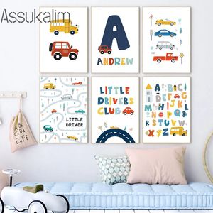 Aangepaste naam Wall Art Toy Car Canvas Painting Alphabet Pictures Poster Nordic Art Prints kinderdagverblijf posters Baby Boys Room Decor Unframed