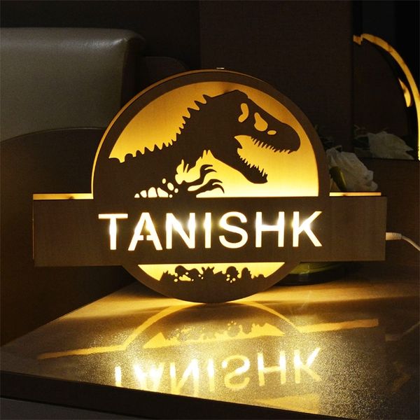 Nombre personalizado Decoración de pared LED Luz de noche Dinosaurio Hueco para niños Niños Habitación de bebé Dormitorio Lámpara de madera personalizada 220623