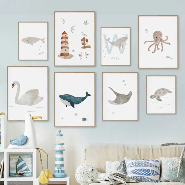 Nom personnalisé baleine Octopus Turtle Swan Sea Animal Nursery Wall Art Canvas Painting Affiche et imprimés Picture Baby Kids Room Decor
