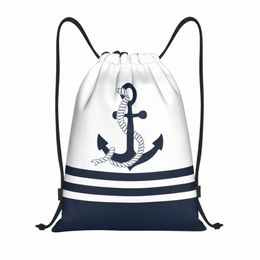 Ancres bleues nautiques personnalisées avec des rayures bleues et blanches Sacs à cordon léger Sailing Sailor Sports Gym Sac à dos de stockage K74Y #