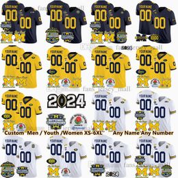 Camiseta de fútbol personalizada NCAA 2024 Big Ten Champion Michigan Wolverines 9 J.J. McCarthy 10 Tom Brady 0 Mike Sainristil Kalel Mullings Jack Tuttle 1000 gana el parche Rose Bowl