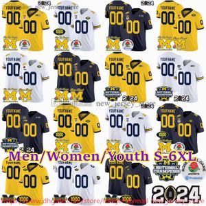 Camiseta de fútbol personalizada NCAA 2024 Big Ten Champion Michigan Wolverines 9 J.J. McCarthy 10 Tom Brady 2 Charles Woodson 12 Cade McNamara R.J. Moten 1000 gana el parche Rose Bowl