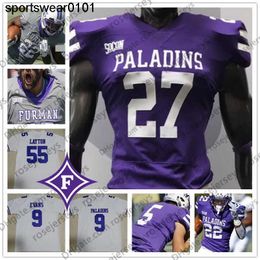 Custom NCAA gestikt college furman palman paladins voetbal elke nummernaam paars grijs wit 4 darren grainger 9 hamp sisson 22 devin wynn 5 dae'one jerseys