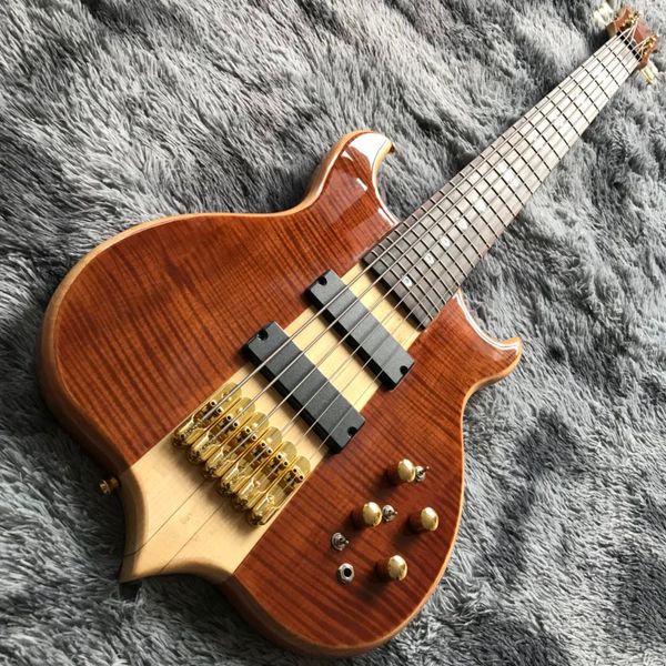 Guitare basse électrique à 6 cordes avec manche traversant et corps personnalisé en rouge