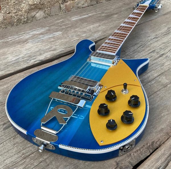 Guitare électrique Custom Neck Through Body 660, guitare bleue 12 cordes, Pickguard doré, pont en forme de R, reliure à chevrons