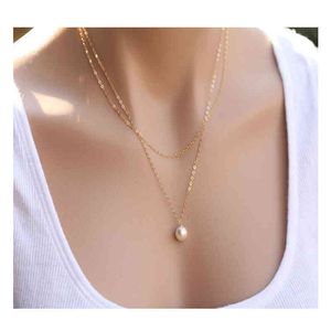 Aangepaste ketting Eenvoudige dubbele laag dunne gouden choker chain ketting parel hanger ketting voor vrouwen bruiloft sieraden