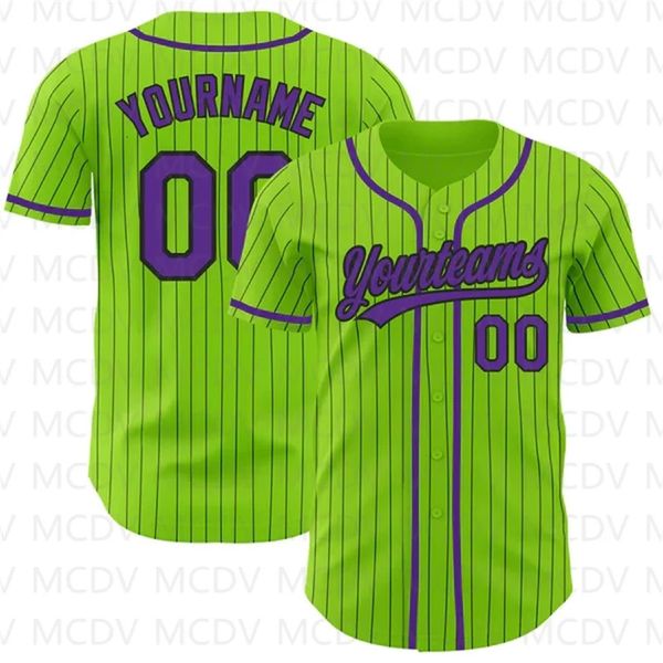 Maillot de baseball personnalisé vert néon noir à fines rayures violet imprimé en 3D pour hommes et femmes chemises d'équipe décontractées hauts unisexes 231225